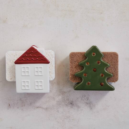 Hello Honey® 4" Green & Brown Stoneware Christmas Tree Shaped Sponge Holders with Sponge & Reactive Glaze, 2ct.